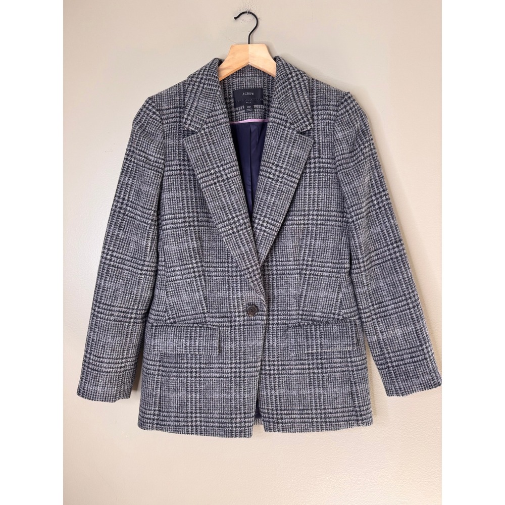 J.Crew Willa Blazer 00 Gray‎ Black Glen Plaid 100% Wool Single Button Jacket